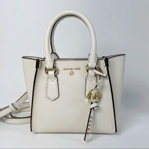 Michael Kors Kris Small Pebbled Leather Satchel Crossbody Bag in Light Cream